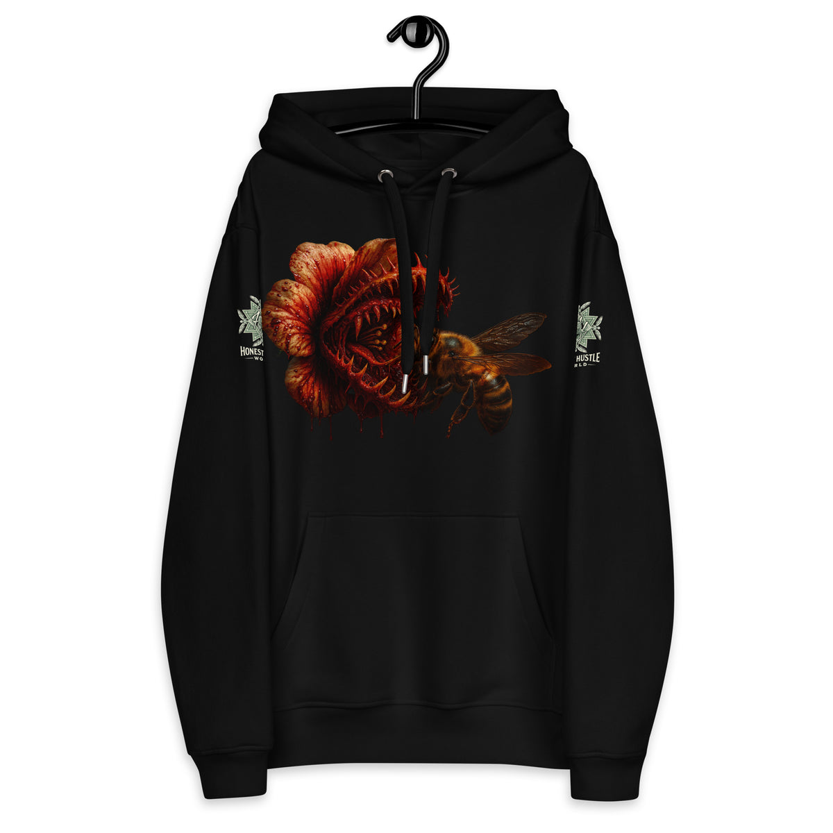 Hoodie from Honest Hustle World — BLOOM Trap & Truth flower-and-bee graphic, front view