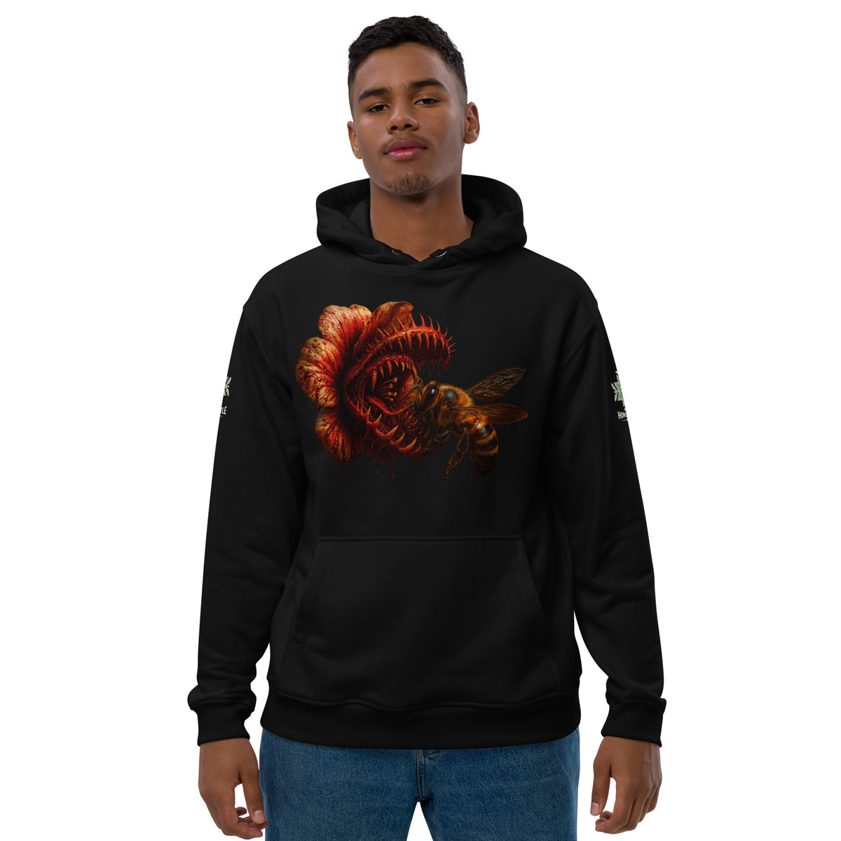 Hoodie from Honest Hustle World — BLOOM Trap & Truth flower-and-bee graphic, front view