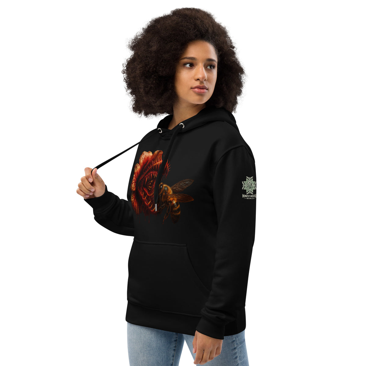 Hoodie from Honest Hustle World — BLOOM Trap & Truth flower-and-bee graphic, left-front view