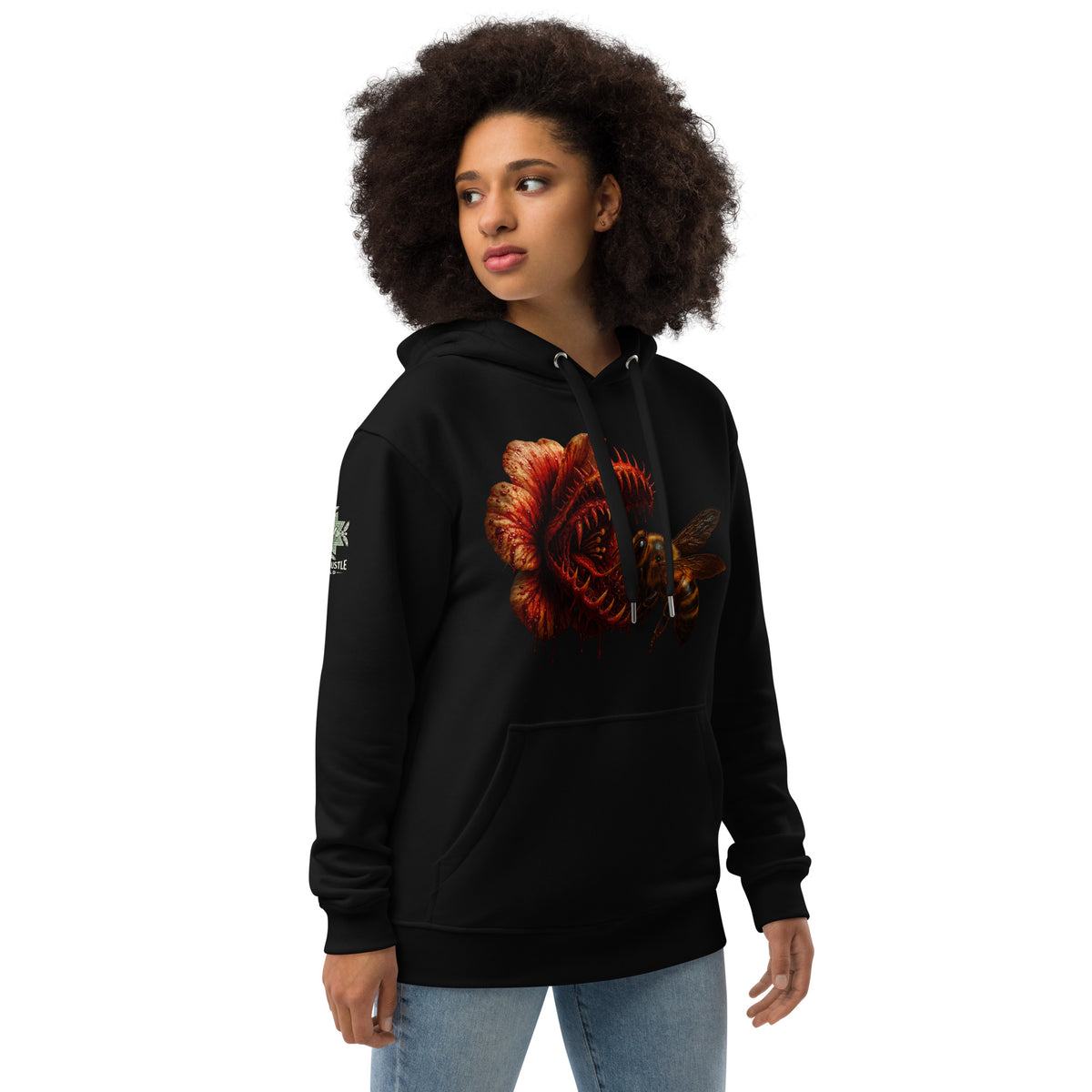 Hoodie from Honest Hustle World — BLOOM Trap & Truth flower-and-bee graphic, right-front view