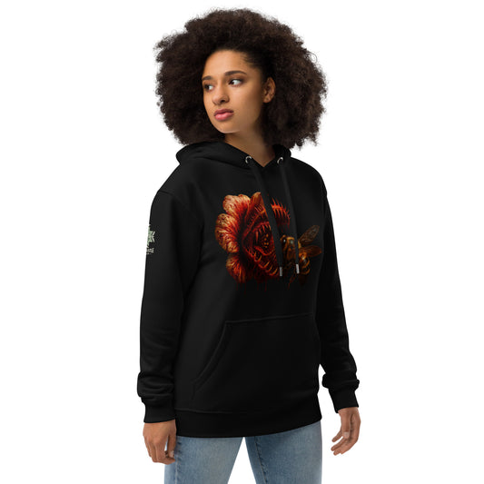 Hoodie from Honest Hustle World — BLOOM Trap & Truth flower-and-bee graphic, right-front view