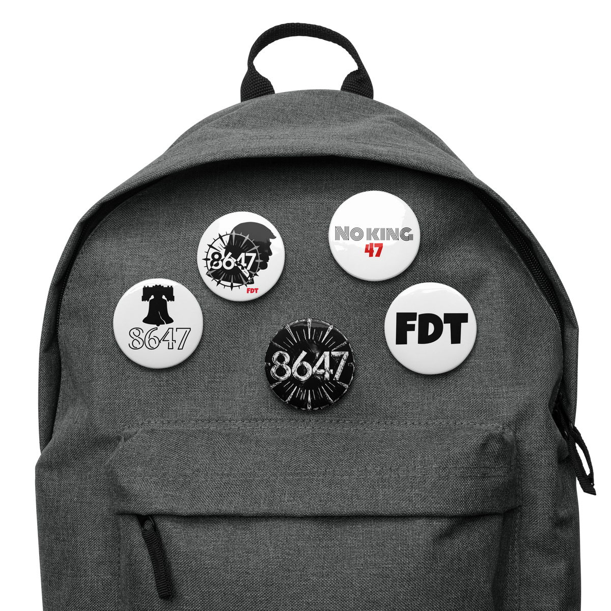 8647 FDT five-piece pin button set by Honest Hustle World, front view