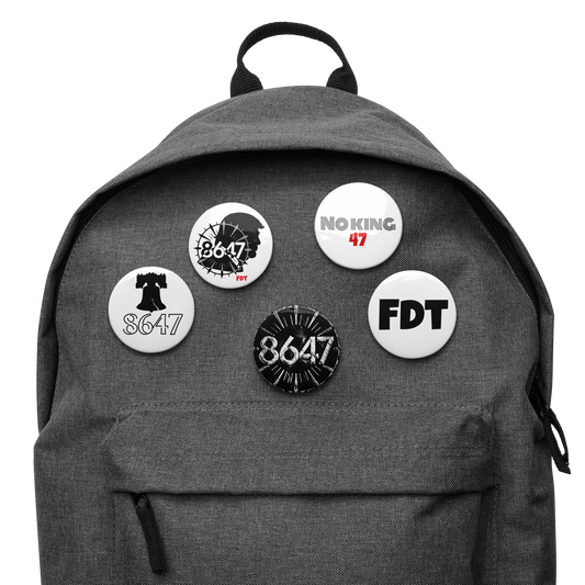 8647 FDT five-piece pin button set by Honest Hustle World, front view