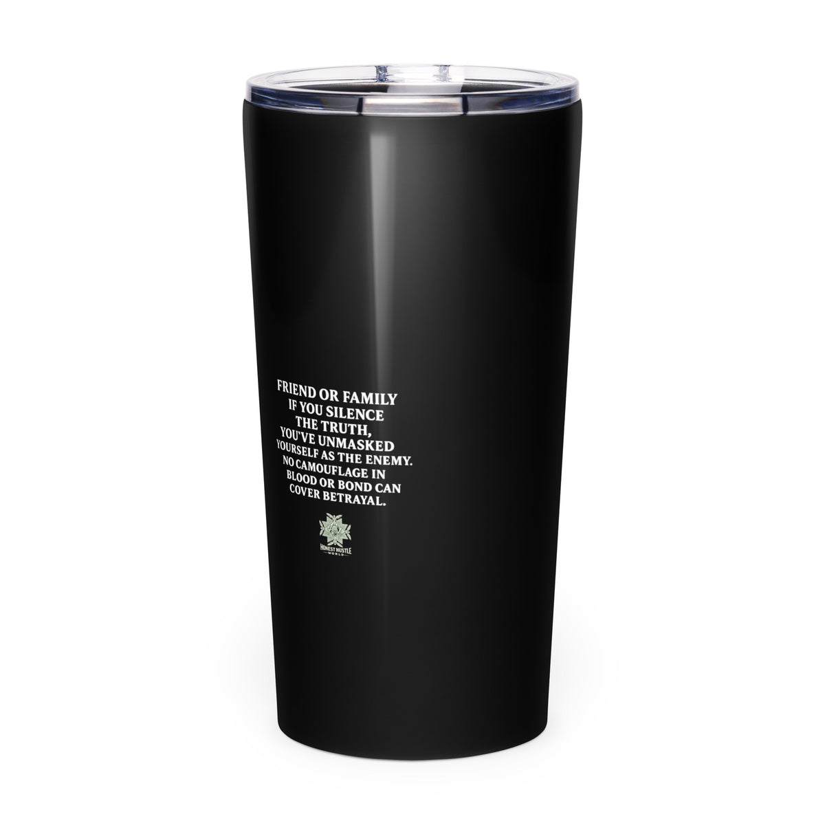 Tumbler from Honest Hustle World — BLOOM Trap & Truth flower-and-bee graphic, back view