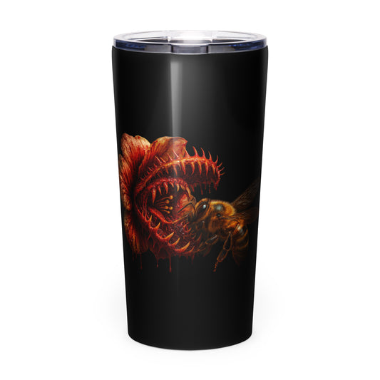 Tumbler from Honest Hustle World — BLOOM Trap & Truth flower-and-bee graphic, front view