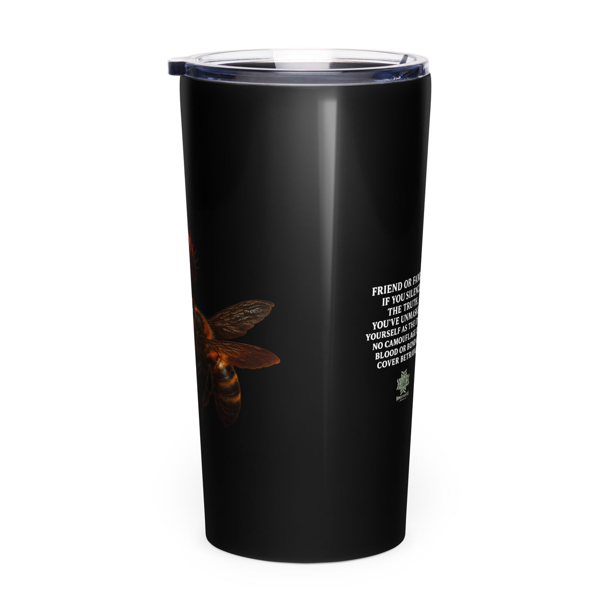 Tumbler from Honest Hustle World — BLOOM Trap & Truth flower-and-bee graphic, left view
