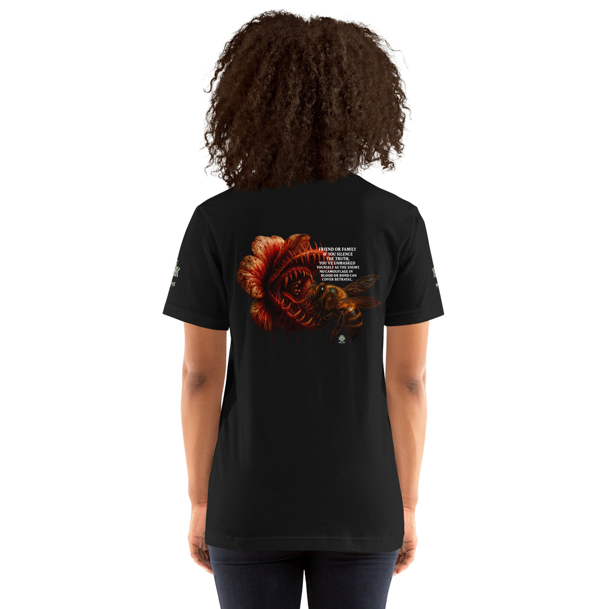 Tee from Honest Hustle World — BLOOM Trap & Truth flower-and-bee graphic, back view