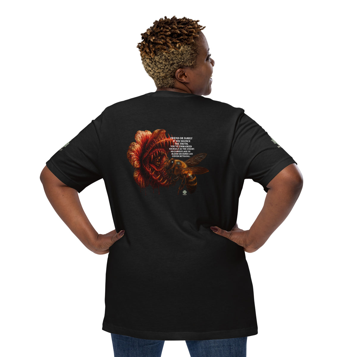 Tee from Honest Hustle World — BLOOM Trap & Truth flower-and-bee graphic, back view
