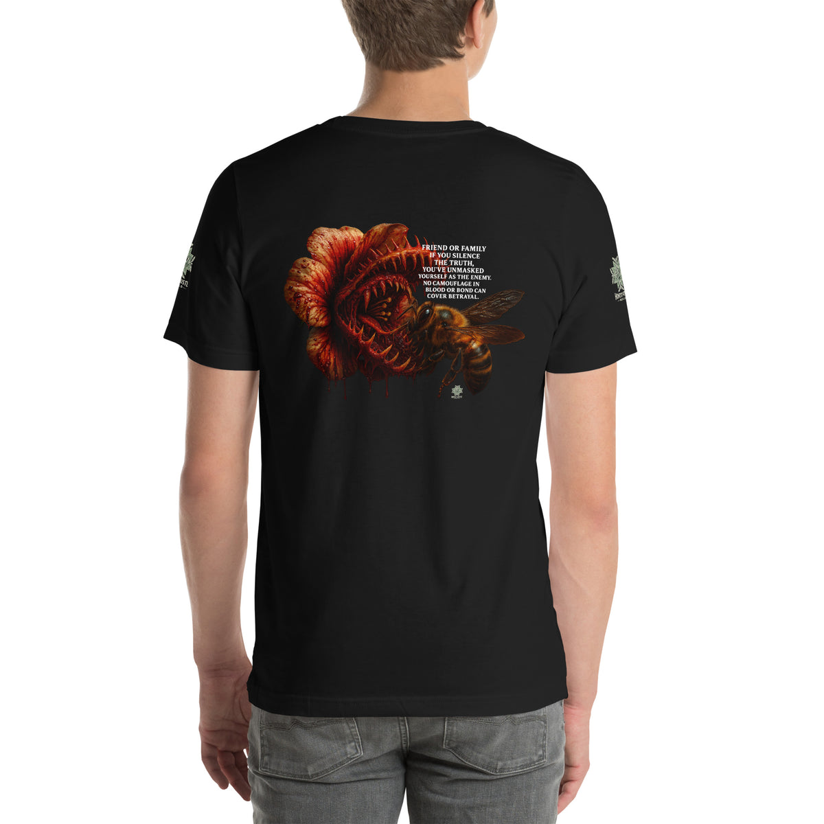 Tee from Honest Hustle World — BLOOM Trap & Truth flower-and-bee graphic, back view