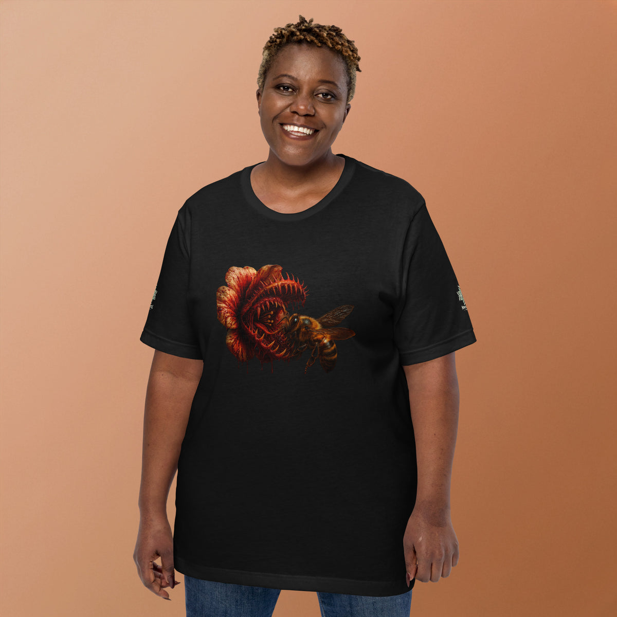 Tee from Honest Hustle World — BLOOM Trap & Truth flower-and-bee graphic, front view