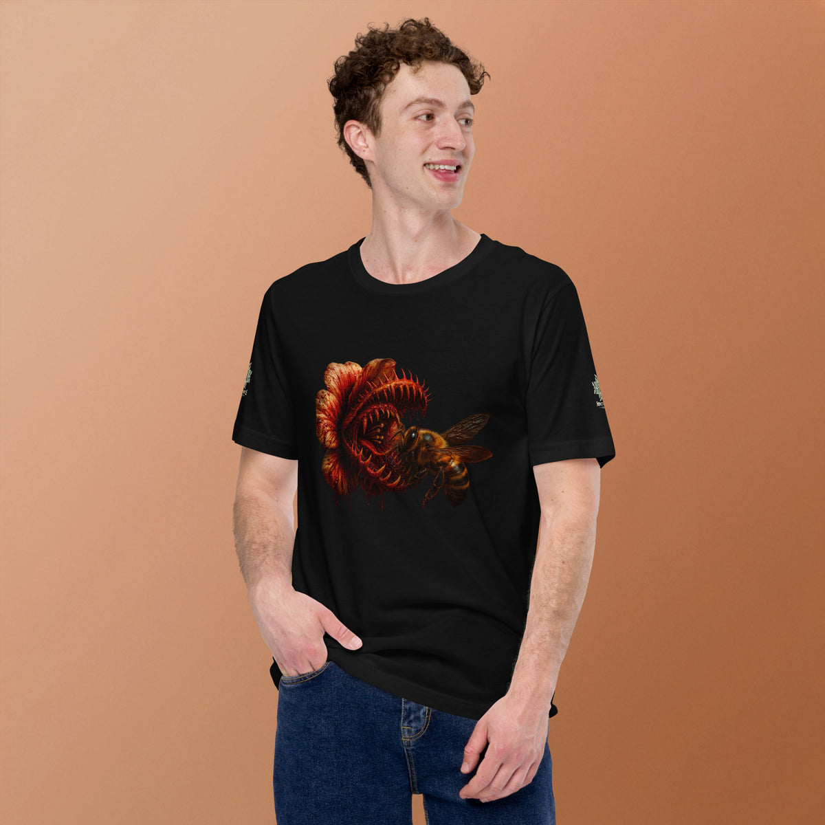 Tee from Honest Hustle World — BLOOM Trap & Truth flower-and-bee graphic, front view