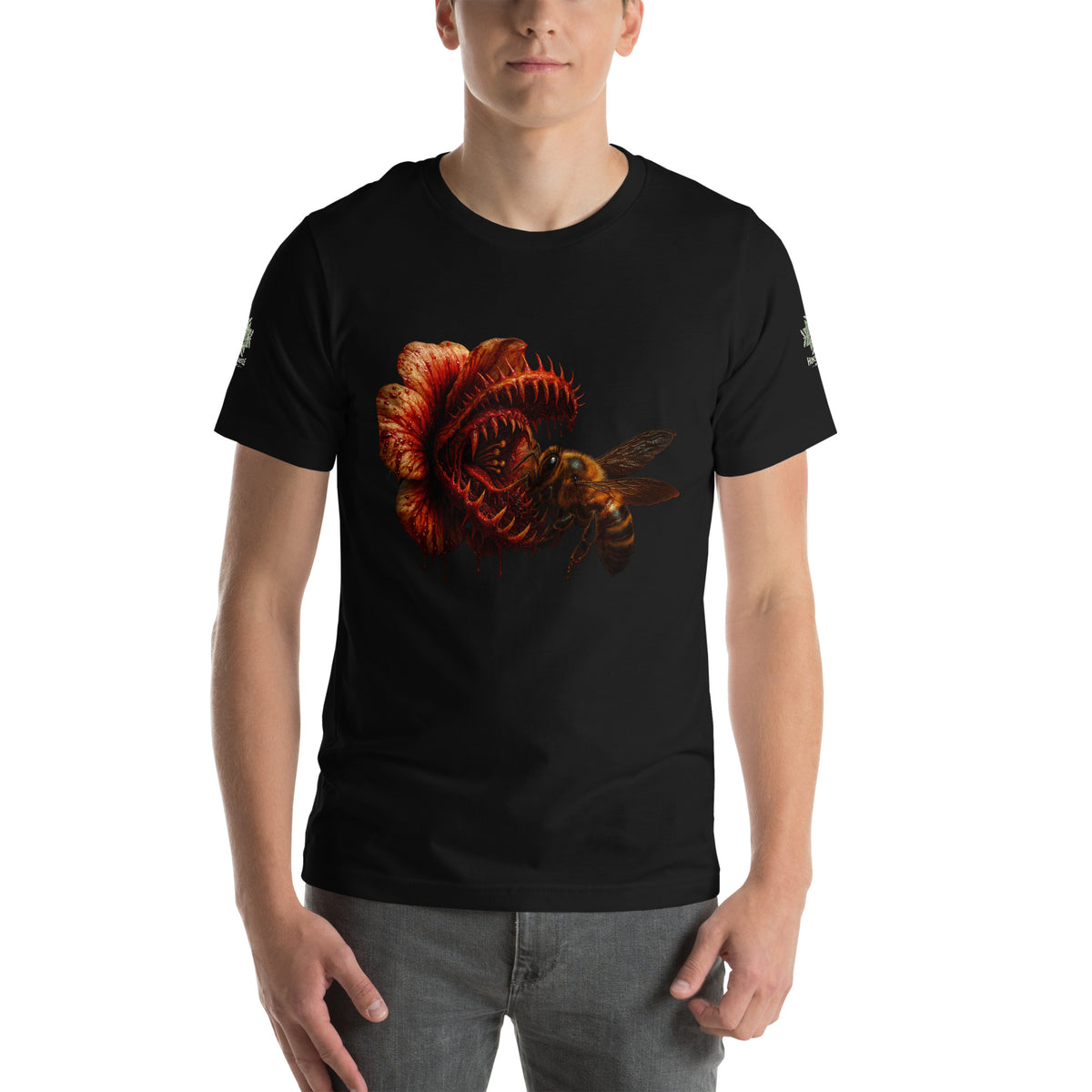 Tee from Honest Hustle World — BLOOM Trap & Truth flower-and-bee graphic, front view
