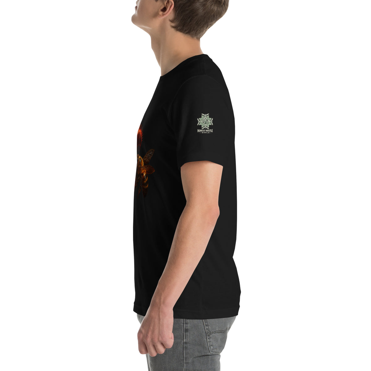 Tee from Honest Hustle World — BLOOM Trap & Truth flower-and-bee graphic, left view