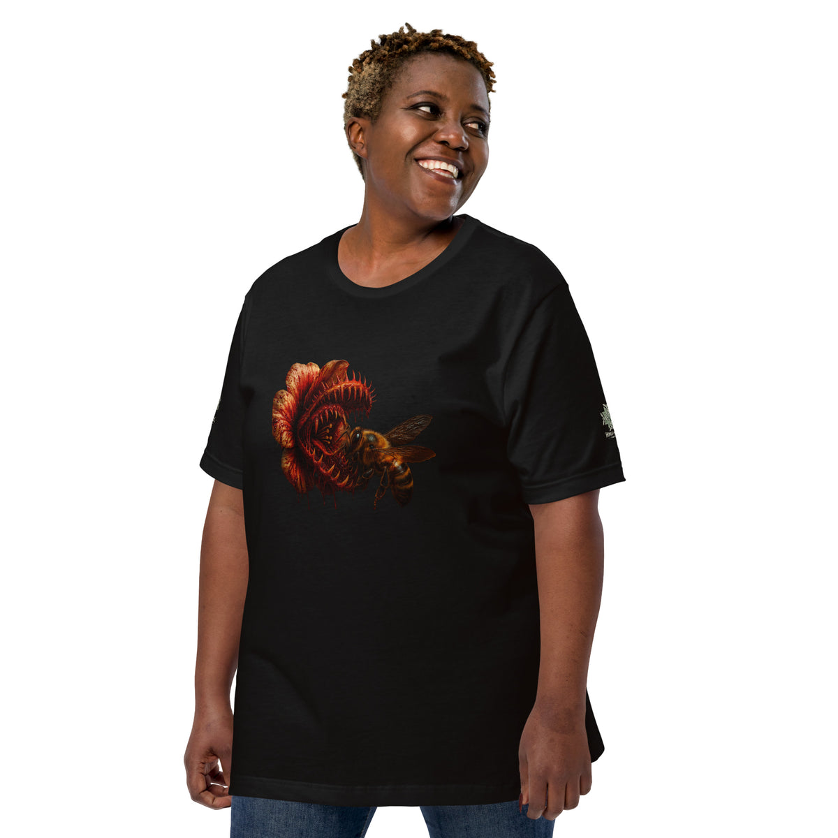 Tee from Honest Hustle World — BLOOM Trap & Truth flower-and-bee graphic, left-front view
