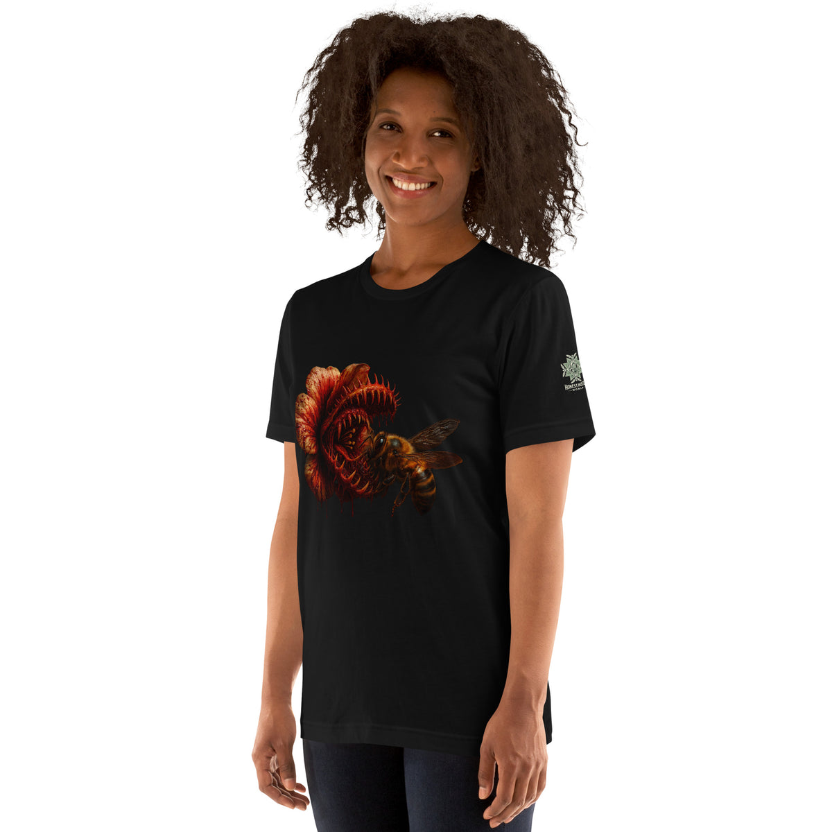 Tee from Honest Hustle World — BLOOM Trap & Truth flower-and-bee graphic, left-front view