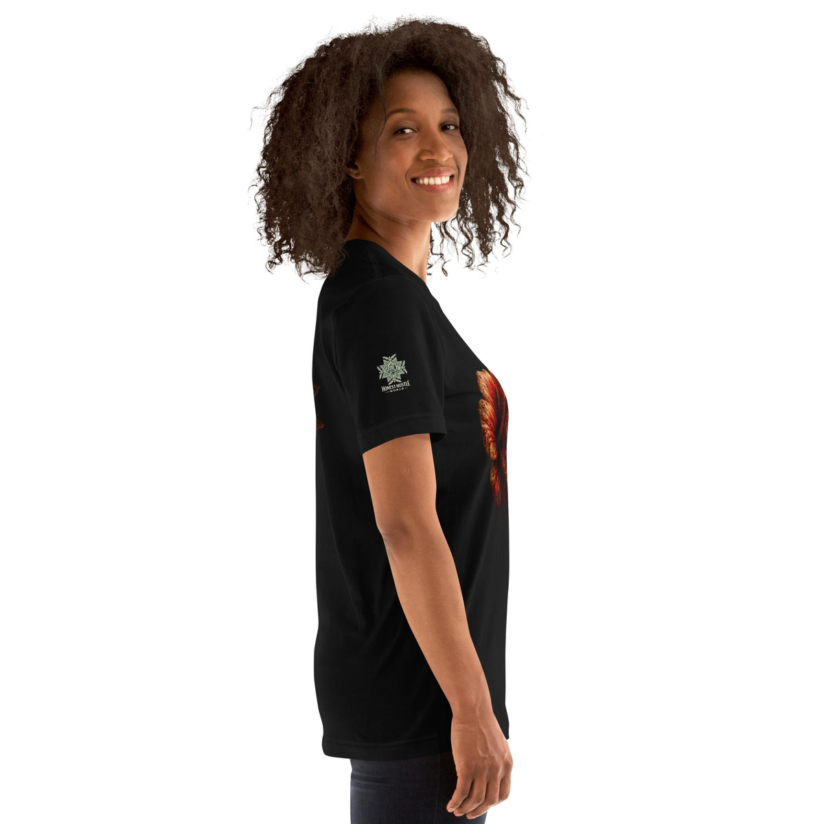 Tee from Honest Hustle World — BLOOM Trap & Truth flower-and-bee graphic, right view