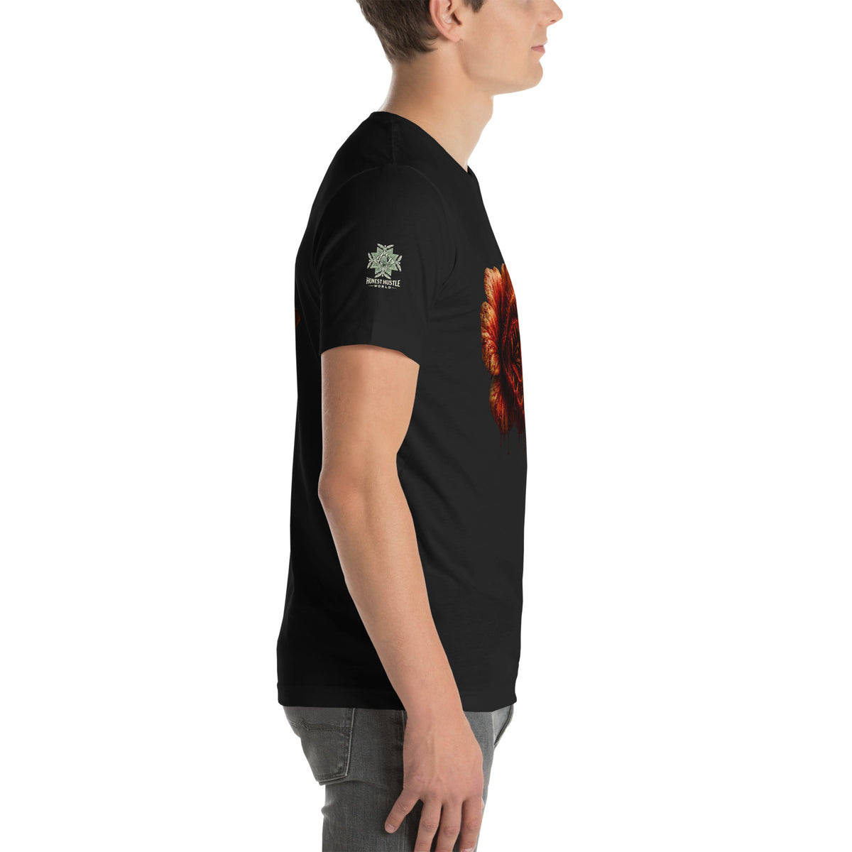 Tee from Honest Hustle World — BLOOM Trap & Truth flower-and-bee graphic, right view