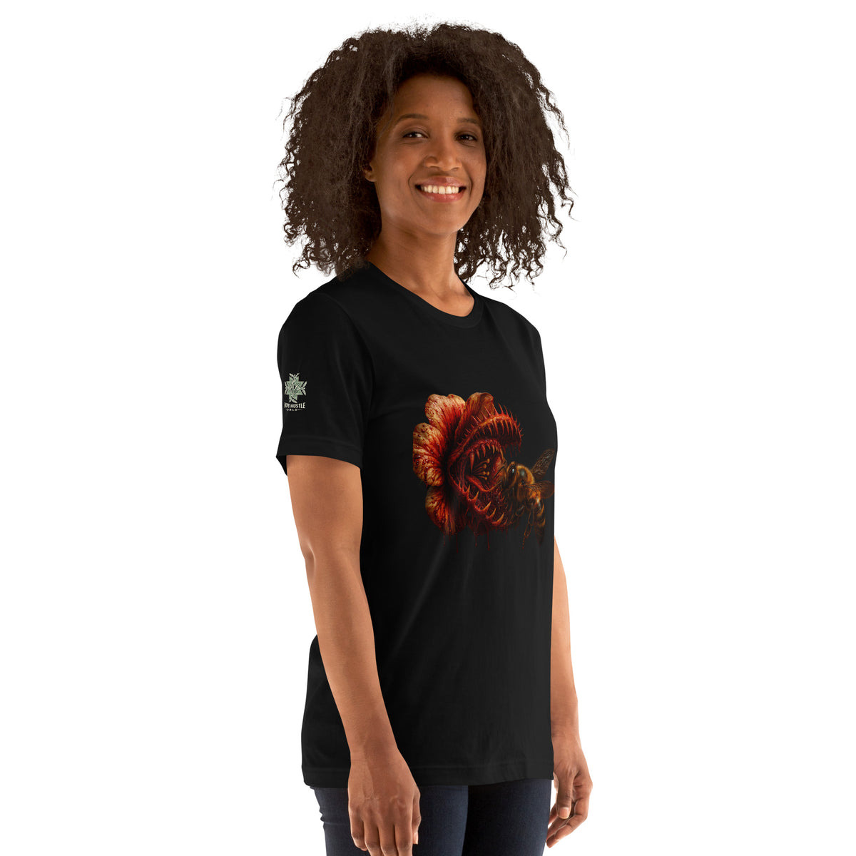 Tee from Honest Hustle World — BLOOM Trap & Truth flower-and-bee graphic, right-front view