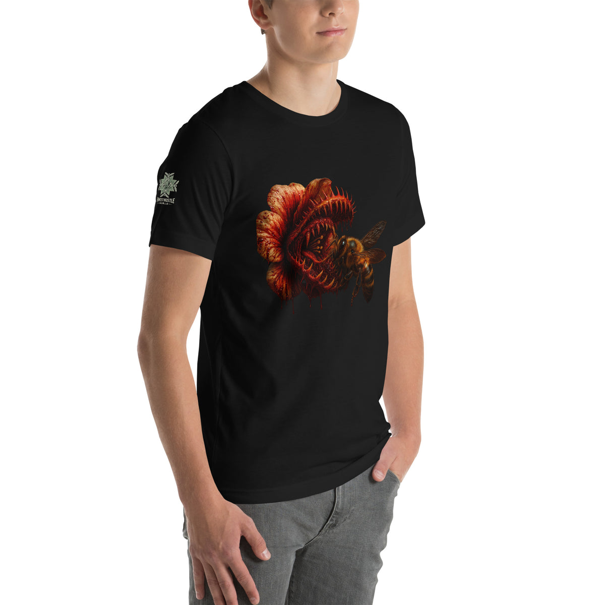 Tee from Honest Hustle World — BLOOM Trap & Truth flower-and-bee graphic, right-front view