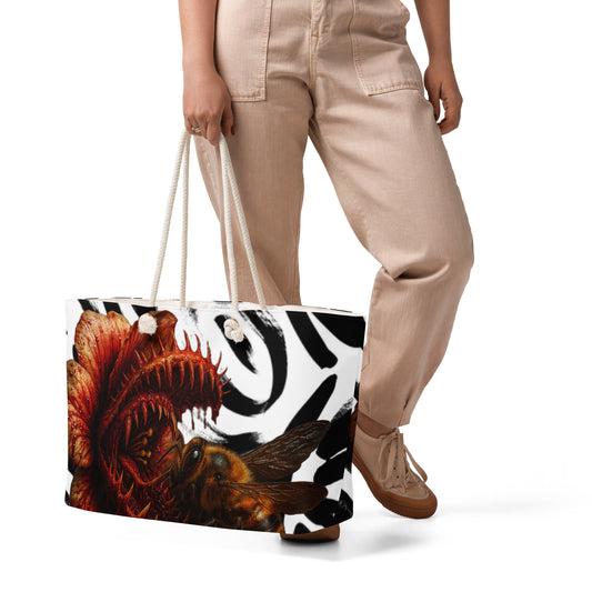 Weekender Tote from Honest Hustle World — BLOOM Trap & Truth flower-and-bee graphic, front view